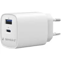 Gembird Ładowarka Szybka ładowarka USB 2-portowa 1xUSB-C + 1x USB-A 30 W biała (30 W, 2 ports), Chargeur USB, Blanc