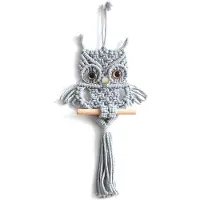 Jojomino Décoration murale Hibou Tapisserie en macramé tissée Pendentif Ornement Tapisserie bohème tissée Gris