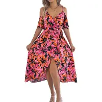 Torribaly Robe d'été bohème à bretelles et col en V pour femme, décontractée, fendue sur la cuisse, longue et fluide, noire et rouge, taille L, 2025