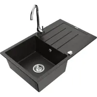 Mexen Bruno Evier 1 bac en granit avec égouttoir et mitigeur Telma, Noir/Or - 6513-75-670200-00