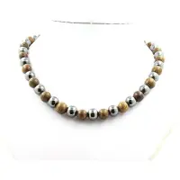 Bijoux Pierres et Minéraux. Collier perles Hématite + bois 10 mm Chaine en acier inoxydable.