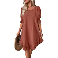 Torribaly Robe de plage courte à volants et manches bouffantes, col rond, ample et froncée, brodée, rouge, taille XXL