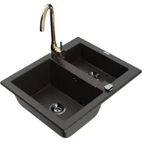 Mexen Évier Carlos en granit 1,5 avec mitigeur Telma, noir/doré métallisé (6518-75-670200-50-B)