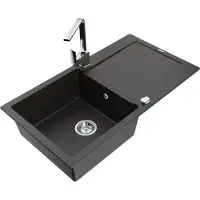 Mexen Leo Evier 1 bac en granit avec égouttoir et mitigeur Rita, Noir/Or métal - 6501-75-670300-00