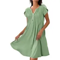Torribaly Robe d'été à manches courtes pour femme, col en V, coupe ample, décontractée, fluide, plissée, maxi tunique de plage, vert clair, taille M