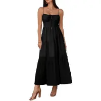 Jojomino Robe d'été longue décontractée pour femme, bretelles spaghetti, nœud papillon, fluide, style bohème, robe de plage longue, 2025, noir, S