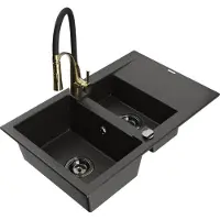 Mexen Gaspar évier en granit 1,5 bac avec égouttoir et mitigeur Aster, noir/or métallisé - 6507-75-73450-57-B