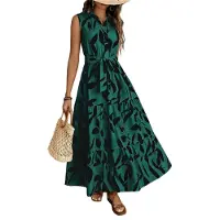 Typecat Robe longue d'été à fleurs pour femme, col boutonné, ceinture nouée, volants étagés, sans manches, style bohème, vert, taille L