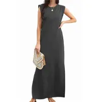 Torribaly Robe longue d'été décontractée à col rond et fente pour femme, sans plis, avec poches, gris foncé, taille L, 2025