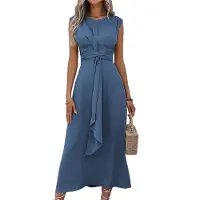 Torribaly Robe mi-longue décontractée sans manches pour femme, coupe ajustée, nouée à la taille, bleu, taille M, été 2025