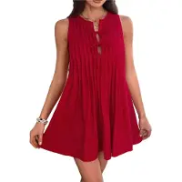 Typecat Robe mini nouée sur le devant pour femme, tenue d'été sans manches, plissée, décontractée, ample, style babydoll, rouge, taille L