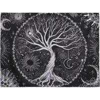 Jojomino Tapisserie murale noire avec motif arbre, lune et soleil, mandala psychédélique, hippie étoilé
