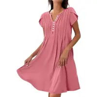 Torribaly Robe d'été à manches courtes pour femme, col en V, coupe ample, décontractée, fluide, plissée, maxi tunique, plage, pêche, taille L