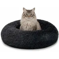 Lionto Donut coussin pour chat, lit rond avec housse en peluche & fond antidérapant, bord surélevé pour un sentiment de sécurité, 50 cm de diamètre, gris foncé