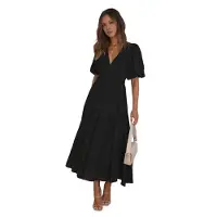Typecat Robe mi-longue fluide à col en V profond et manches courtes bouffantes pour femme, taille haute, élastique, coupe trapèze