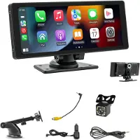 Torribaly Autoradio portable sans fil CarPlay avec caméra embarquée - Écran IPS HD 10,26 pouces, Android Auto, caméra de recul 1080p, Bluetooth