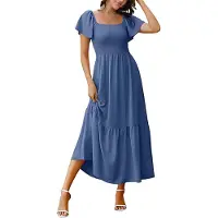 Semoic Robe d'été décontractée à col carré et manches flottantes pour femmes