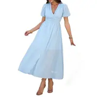 Semoic Robe mi-longue décontractée d'été pour femme, manches bouffantes, col en V