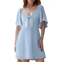 Semoic Robe courte élégante à col en V profond et nœud papillon, bleu clair