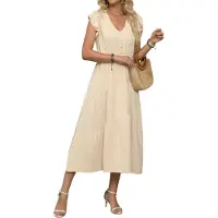 Torribaly Robe mi-longue décontractée à volants et manches courtes pour femme, col ras du cou, taille élastique froncée, taille XL, été 2025