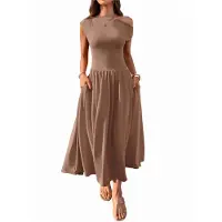 Torribaly Robe longue sans manches pour femme, asymétrique, décontractée, slim, plissée, avec poches, couleur café, taille S, été 2025