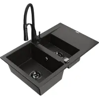 Mexen Gaspar évier en granit 1,5 bac avec égouttoir et mitigeur Aster, noir/or métallisé - 6507-75-73450-70-B