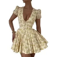 Semoic Robe d'été ajustée imprimée à décolleté en V pour femme P