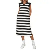 Jojomino Robe d'été à rayures pour femmes, coupe trapèze, décontractée, manches courtes, col à revers, t-shirt avec poches, noir, taille S
