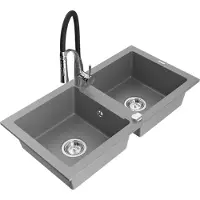 Mexen Mario évier en granit 2 cuves avec mitigeur Aster, Gris - 6504-71-73450-07