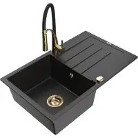 Mexen Bruno Évier en granit 1 bac avec égouttoir et mélangeur Aster, métal noir/argent - 6513-73-73450-57-G