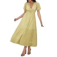 Semoic Robe mi-longue décontractée d'été pour femme, manches bouffantes, col en V