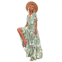 Torribaly Robe d'été décontractée à fleurs style bohème pour femme, robe longue bouffante à manches courtes et poches, vert, taille L