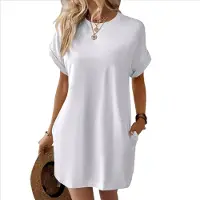 Jojomino Robe blanche unie, col rond, manches courtes, poches, taille L
