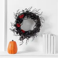Torribaly Couronne de porte d'Halloween noire avec couronne de roses rouges pour la d?coration de la porte d'entr?e gothique
