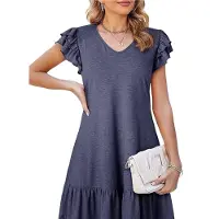 Typecat Robe d'été à volants et manches courtes pour femme, col en V, décontractée, ample, coupe trapèze, mini, robe d'été, bleu, taille M