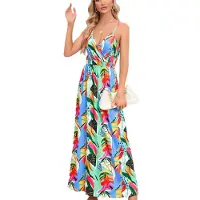 Torribaly Robe longue d'été 2025 pour femme, motif floral, bretelles spaghetti, décontractée, style bohème, robe d'été fluide, couleur M