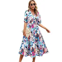 Semoic Robe fleurie à col en V pour femme, tendance été 2025