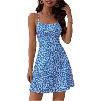 Semoic Robe d'été à petites fleurs et dos nu pour femme, manches nouées