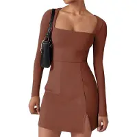 Semoic Robe à encolure carrée, couleur café, taille M