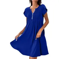 Torribaly Robe d'été à manches courtes pour femme, col en V, coupe ample, décontractée, fluide, plissée, maxi tunique, plage, bleu, XL