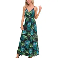 Torribaly Robe longue d'été 2025 pour femme, motif floral, bretelles spaghetti, décontractée, style bohème, robe d'été fluide, verte, taille M