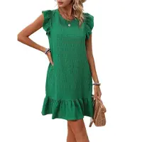Torribaly Robes d'été pour femmes, col rond, manches courtes, ourlet à volants, mini-robe décontractée à smocks, vert, taille L