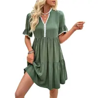 Typecat Robe babydoll fluide à col en V pour femme, tenue d'été à manches courtes, coupe trapèze, ample, décontractée, mini, tunique, verte, taille M