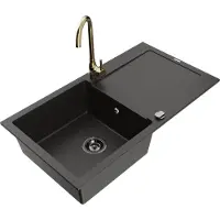 Mexen Leo Évier en granit 1 bac avec égouttoir et mitigeur Telma, noir/or métallisé - 6501-75-670200-50-B