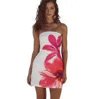 Semoic Robe d'été tropicale sans bretelles à imprimé floral mi-longue pour femme
