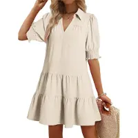 Semoic Robe plissée à manches mi-longues pour femme, blanc crème, taille L