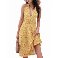 Torribaly Robe d'été courte à fleurs et col en V pour femme, sans manches, jaune, taille M