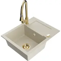 Mexen Enzo Évier en granit 1 bac avec égouttoir et mélangeur Elia, Beige - 6506-69-670101-50