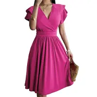 Torribaly Robe mi-longue d'été 2025, col en V, robe de cocktail, robe trapèze ajustée et évasée, rose, taille M