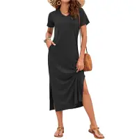 Typecat Robe longue d'été décontractée à col en V pour femme, ample, fendue, sans plis, avec poches